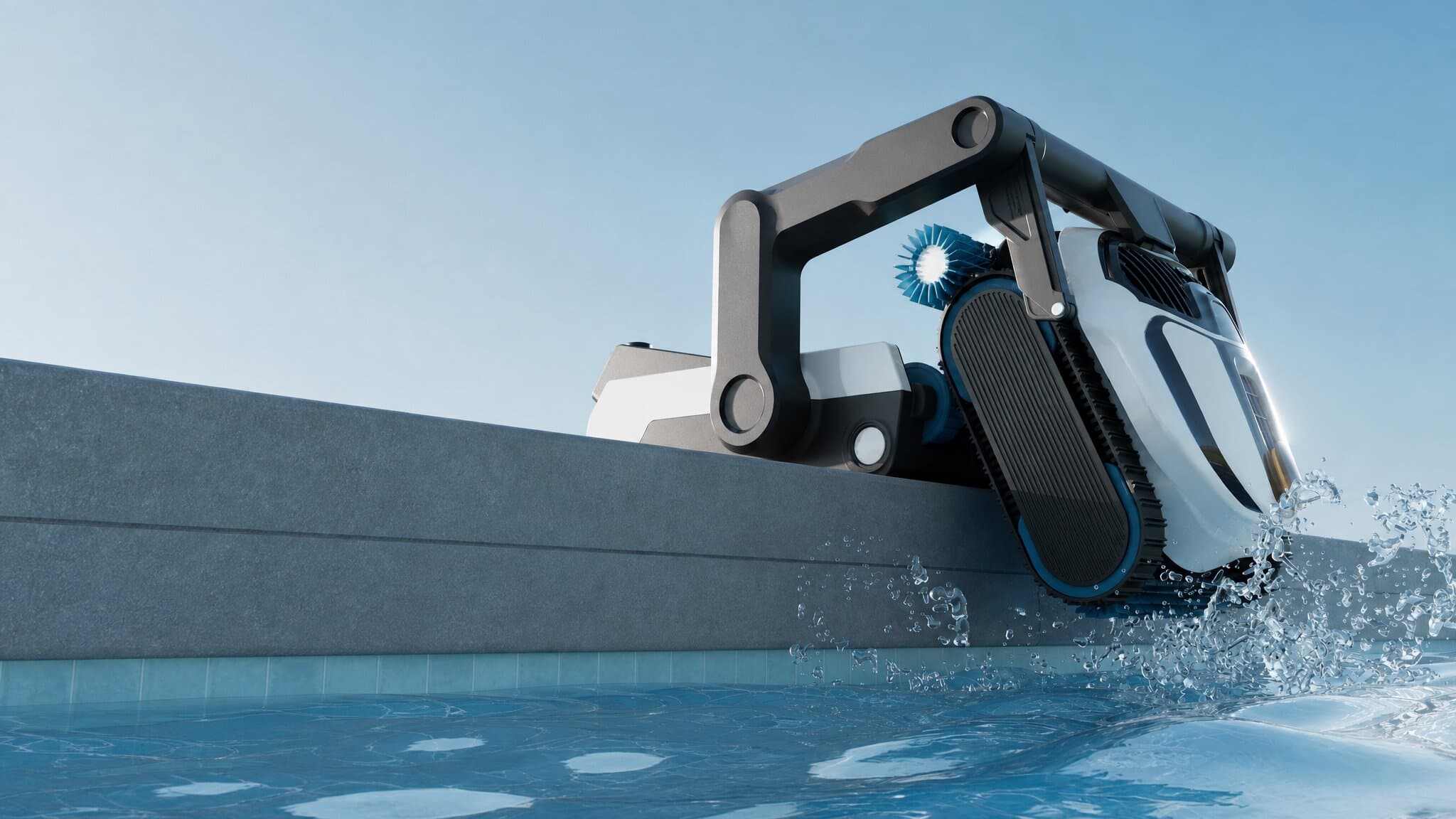 Pool robot climbing the vertical wall in a test pool