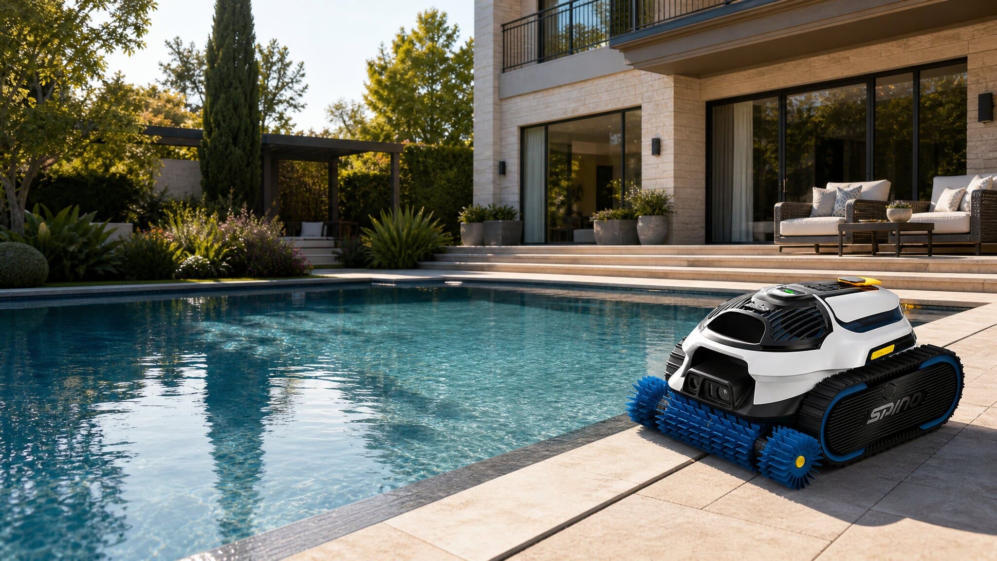 Cordless pool robot at the edge of a residential pool after a full cycle